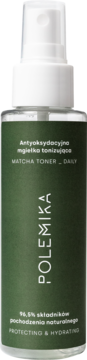 Polemika Matcha Toner, antyoksydacyjna mgiełka tonizująca, zielona butelka ze spryskiwaczem, widok z przodu.