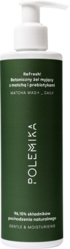 Ciemnozielona butelka żelu Polemika ReFresh! Matcha Wash Daily z matchą, z białą pompką, widok z przodu.