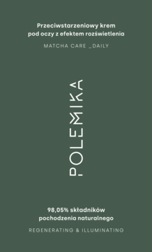 Polemika Przeciwstarzeniowy krem pod oczy z rozświetleniem, 98% naturalnych składników, ciemnozielone opakowanie, widok z przodu.