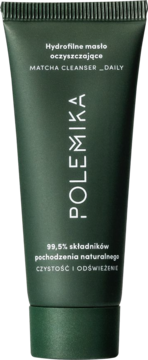 Polemika Hydrofilne masło oczyszczające Matcha Cleanser w ciemnozielonej tubce, front, 99,5% składników naturalnych.