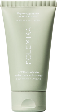 Regenerujący krem Polemika Matcha Care do rąk i paznokci, 97,75% nat. składników, w jasnozielonej tubce, widok z przodu.