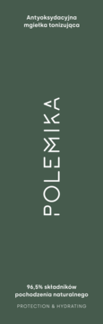 Opakowanie mgiełki tonizującej Polemika. Zielone tło, biały tekst: "Antyoksydacyjna mgiełka tonizująca", "96,5% naturalnych składników". Widok z przodu.