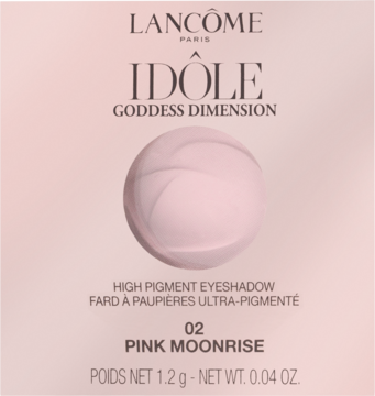 Różowe opakowanie Lancôme Idôle Goddess Dimension, cień Pink Moonrise 02, okrągły, jasnoróżowy wkład. Widok z przodu.