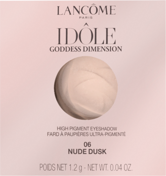 Lancôme Idôle 06 Nude Dusk, cień do powiek w różowo-beżowym opakowaniu z okrągłym cieniem. Widok z przodu.