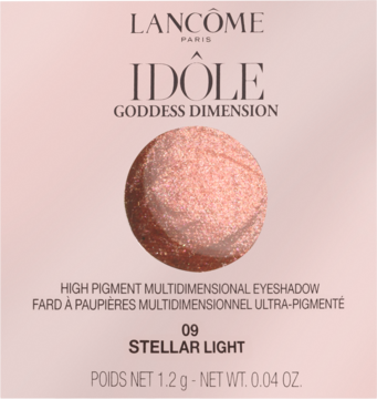 Lancôme Idôle Goddess Dimension 09 Stellar Light, różowo-złoty, błyszczący cień do powiek. Opakowanie w jasnym różu, widok z przodu.