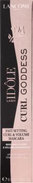 Lancôme Idôle Lash Curl Goddess mascara, czarno-różowe opakowanie, przód, napis: szybkie podkręcanie i objętość.