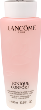 Różowy tonik Lancôme Tonique Confort do skóry suchej i wrażliwej, butelka 400 ml z białą zakrętką, widok z przodu.
