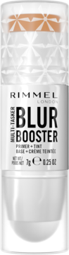 Rimmel London Blur Booster stick, a blurring primer and tint with beige product, white label, front view.