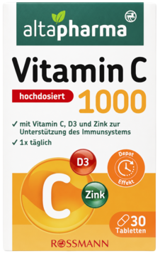 Opakowanie altapharma Vitamin C 1000, wysoka dawka z D3 i cynkiem na odporność, biało-zielone, widok z przodu.