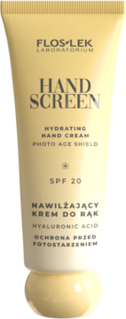 Beżowy krem FLOS LEK HAND SCREEN, nawilżający z SPF 20 i kwasem hialuronowym, ochrona fotostarzenia.