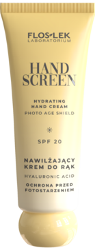 Krem do rąk Flos-Lek Hand Screen SPF 20 z kwasem hialuronowym w beżowej tubce, widok z przodu.