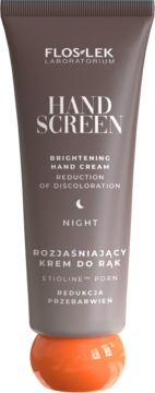 Flos-Lek HAND SCREEN, rozjaśniający krem do rąk na noc. Brązowa tuba, pomarańczowa nakrętka, redukcja przebarwień.