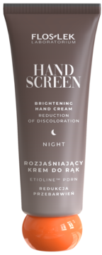 FlosLek Hand Screen rozjaśniający krem do rąk na noc w brązowej tubce z pomarańczową nasadką.