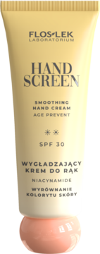 Wygładzający krem do rąk FlosLek HAND SCREEN z niacynamidem i SPF 30, beżowa tubka, widok z przodu.