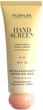 Floslek Hand Screen krem do rąk z SPF 30 i niacynamidem, beżowa tubka z różową podstawą, widok z przodu.