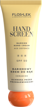 FLOS LEK HAND SCREEN barierowy krem do rąk SPF 50 z ceramidami przeciw przebarwieniom, beżowa tubka, widok z przodu.