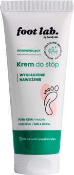 Regenerujący krem do stóp foot lab. w białej tubce z zielonym spodem, grafiką stopy i napisem 'Krem do stóp'.
