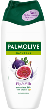 Biała butelka Palmolive Naturals Fig & Milk Shower Cream, przód, z nowym śródziemnomorskim zapachem figowym i witaminą E.