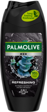 Czarne, zakrzywione opakowanie Palmolive Men Refreshing 3w1 żelu, z eukaliptusem i solą morską, widok z przodu.