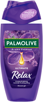 Fioletowy żel pod prysznic Palmolive Ultimate Relax Aroma Essence z lawendą i ylang ylang, widok z przodu.