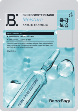 Front maski Banobagi Skin Booster Moisture w jasnoniebieskiej saszetce z ampułką PDRN+Aloe Exosome.