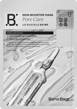 Maska Banobagi Skin Booster Pore Care, biała saszetka, widok z przodu, grafika ampułki, zwężająca pory.