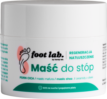 Foot Lab. Maść do stóp w białym słoiczku z zielono-różowym logo, regeneracja suchych i popękanych pięt.