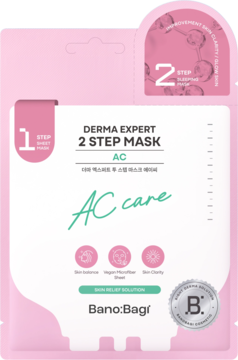 Banobagi Derma Expert 2 Step AC maska w płachcie, różowo-białe opakowanie z zielonym napisem AC care, widok z przodu.