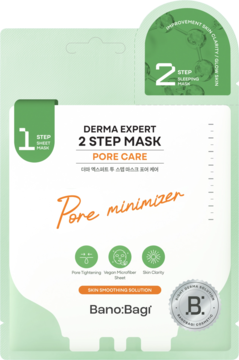 Zielona saszetka Banobagi Derma Expert 2 Step Mask Pore Care, widok z przodu, z napisem Pore minimizer.