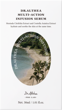 Serum Dr.Althea Multi-Action Infusion 30ml w białym pudełku z grafiką plaży i palm, widok z przodu.