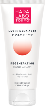Biała tubka Hada Labo Tokyo Hyalu Hand Care Regenerating Hand Cream, z przodu różowe logo, kwas hialuronowy i pro-retinol.