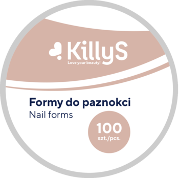 Okrągła etykieta KillyS: formy do paznokci, 100 szt., białe tło, różowy pasek z logo i niebieski napis.