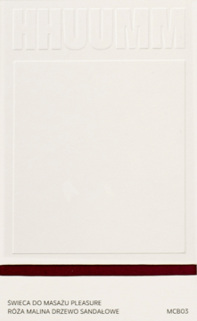 Biała karta HHUUMM z wytłoczonym logo, świeca do masażu pleasure róża malina drzewo sandałowe, czerwony pasek na dole.