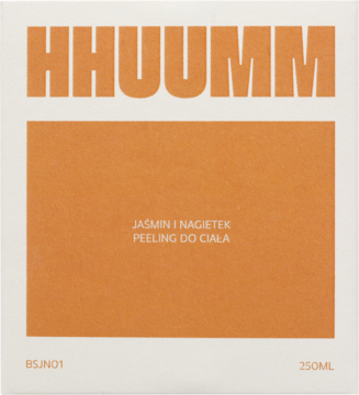 Białe opakowanie cukrowego peelingu Hhuumm Jaśmin i Nagietek, duży pomarańczowy napis, widok z przodu.