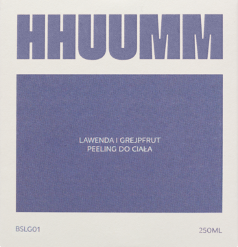 Hhuumm Lawenda i Grejpfrut cukrowy peeling do ciała, białe opakowanie z fioletowym tłem, widok z przodu.