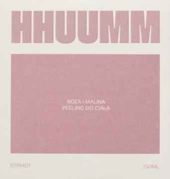 Hhuumm cukrowy peeling do ciała Róża i Malina, minimalistyczne opakowanie beżowo-różowe, widok z przodu, 250ml.