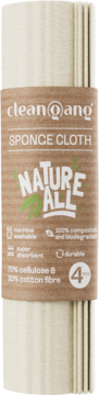 clean@ang Nature All ekologiczne gąbkościerki, 4 sztuki, beżowe, z bawełny i celulozy, widok z przodu.