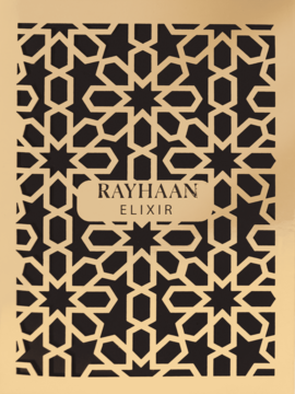 Woda perfumowana męska Rayhaan Elixir, flakon w złoto-czarny wzór arabeski, widok z przodu.