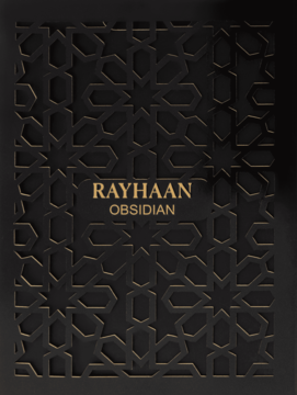 Opakowanie wody perfumowanej męskiej Rayhaan Obsidian, czarne z reliefowym, geometrycznym wzorem i złotym tekstem.