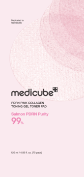 Różowe płatki tonizujące Medicube PDRN Pink Collagen, z przodu opakowania, napis 99% Salmon PDRN Purity.