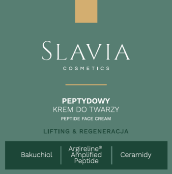 Slavia Cosmetics: Peptydowy Krem do Twarzy. Zielona etykieta z białym napisem, składniki Bakuchiol, Argireline, Ceramidy.