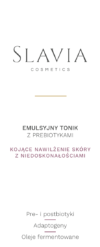 Etykieta Slavia Cosmetics: Emulsyjny tonik z prebiotykami, kojące nawilżenie skóry z niedoskonałościami.