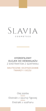 Pionowa etykieta Slavia Cosmetics: hydrofilowy olejek do demakijażu z szafranem. Białe tło, złote akcenty.