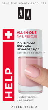 AA All-In-One Nail Rescue: proteinowa odżywka utwardzająca z proteinami roślinnymi, efekt nude na paznokciu.