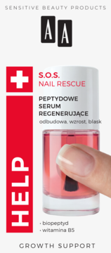 AA S.O.S. NAIL RESCUE peptydowe serum regenerujące w butelce z różowym płynem, dłoń z aplikatorem.