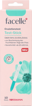 facelle Ovulationstest Test-Stick 10 szt. w różowo-miętowym pudełku Rossmann, widok z przodu.