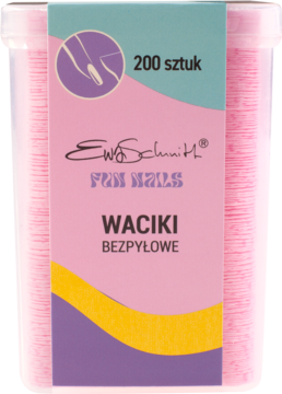 Ewa Schmitt FUN NAILS waciki bezpyłowe, różowe, 200 sztuk, w przezroczystym pudełku, widok z przodu.