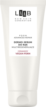 Biała tubka LAAB PDRN Advanced Repair Dermo-serum do rąk multiregenerujące, z ceramidami, widok z przodu.