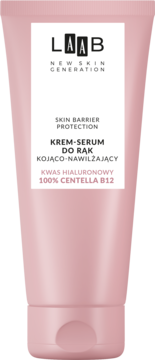 LAAB Krem-serum do rąk kojąco-nawilżające w różowej tubce, z kwasem hialuronowym, widok z przodu.