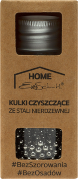 Ewa Schmitt HOME kulki czyszczące ze stali nierdzewnej, brązowy karton z metalowymi kulkami i #BezSzorowania.